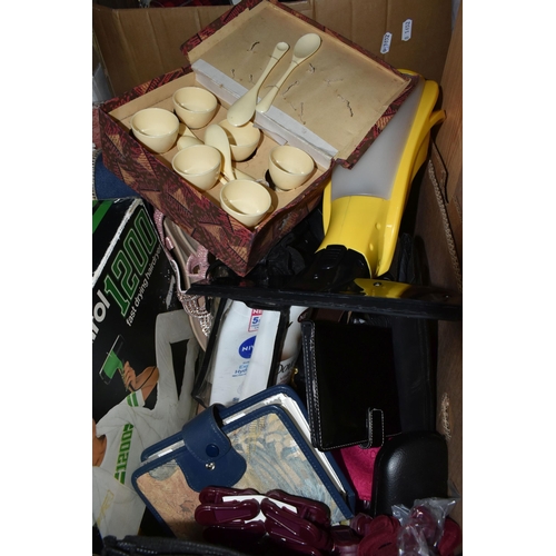 416 - FIVE BOXES OF MISCELLANEOUS SUNDRIES, to include a Clairol 1200 hairdryer, ornaments, wall clocks, f... 