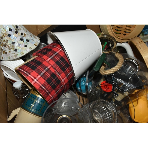 416 - FIVE BOXES OF MISCELLANEOUS SUNDRIES, to include a Clairol 1200 hairdryer, ornaments, wall clocks, f... 