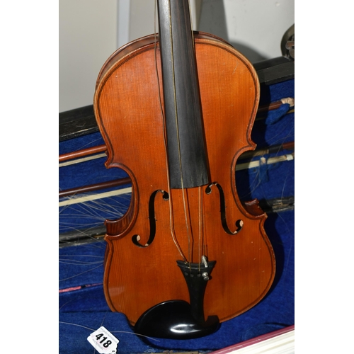 418 - TWO LATE 19TH CENTURY CASED VIOLINS, comprising violin needing attention, one piece back, a printed ... 