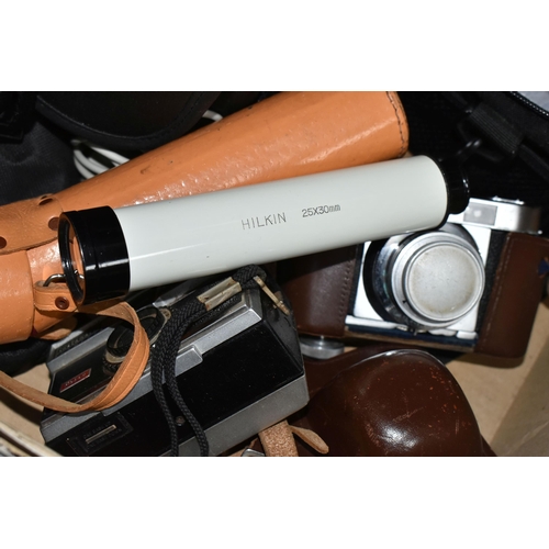 423 - ONE BOX OF VINTAGE CAMERAS AND BINOCULARS, to include a leather cased Hilkin telescope 25X30mm, a pa... 