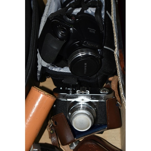 423 - ONE BOX OF VINTAGE CAMERAS AND BINOCULARS, to include a leather cased Hilkin telescope 25X30mm, a pa... 