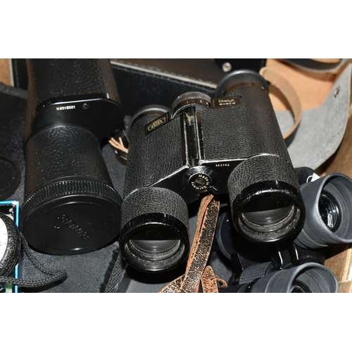 424 - ONE BOX OF BINOCULARS, to include a pair of vintage Carl Zeiss Dialyt 8x30 B binoculars - 798836, an... 