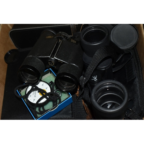 424 - ONE BOX OF BINOCULARS, to include a pair of vintage Carl Zeiss Dialyt 8x30 B binoculars - 798836, an... 