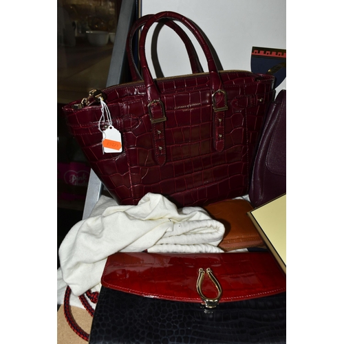 433 - A GROUP OF ASPINAL OF LONDON HANDBAGS AND PURSE, ETC, comprising a claret textured leather bag with ... 