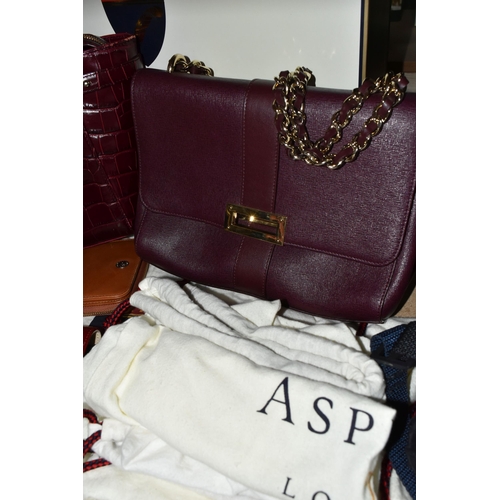 433 - A GROUP OF ASPINAL OF LONDON HANDBAGS AND PURSE, ETC, comprising a claret textured leather bag with ... 