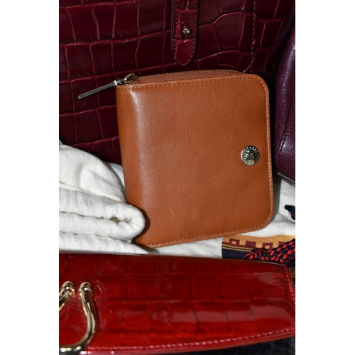 433 - A GROUP OF ASPINAL OF LONDON HANDBAGS AND PURSE, ETC, comprising a claret textured leather bag with ... 