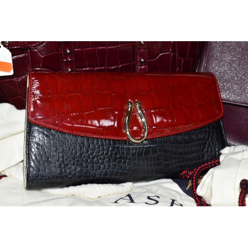 433 - A GROUP OF ASPINAL OF LONDON HANDBAGS AND PURSE, ETC, comprising a claret textured leather bag with ... 