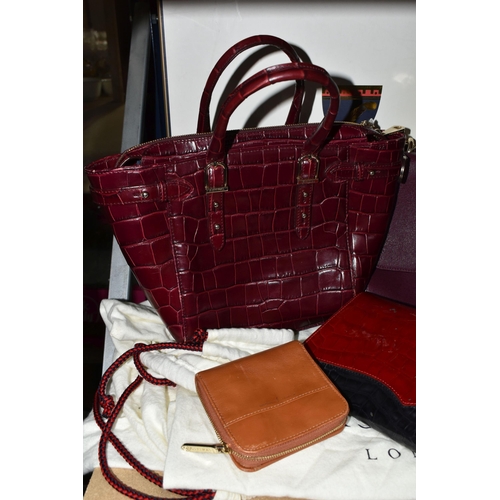 433 - A GROUP OF ASPINAL OF LONDON HANDBAGS AND PURSE, ETC, comprising a claret textured leather bag with ... 