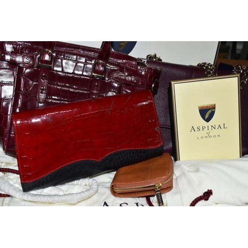 433 - A GROUP OF ASPINAL OF LONDON HANDBAGS AND PURSE, ETC, comprising a claret textured leather bag with ... 