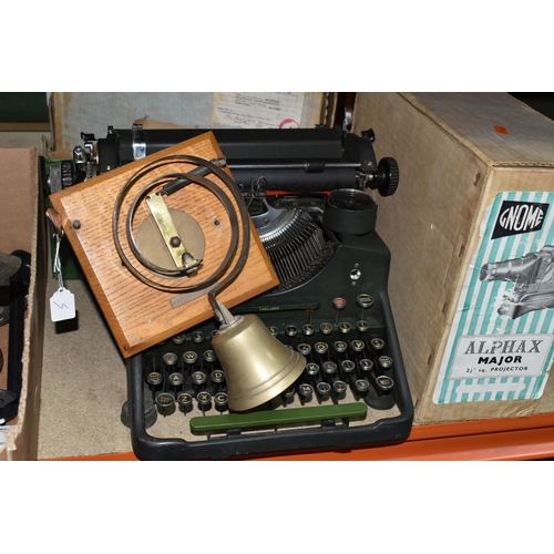 437 - TWO BOXES AND LOOSE TYPEWRITER, SCALES, BELL AND SUNDRY ITEMS, to include a Bar-Lock Model 22 typewr... 