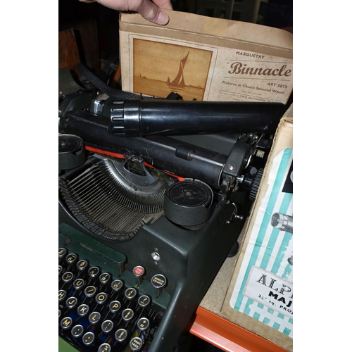 437 - TWO BOXES AND LOOSE TYPEWRITER, SCALES, BELL AND SUNDRY ITEMS, to include a Bar-Lock Model 22 typewr... 