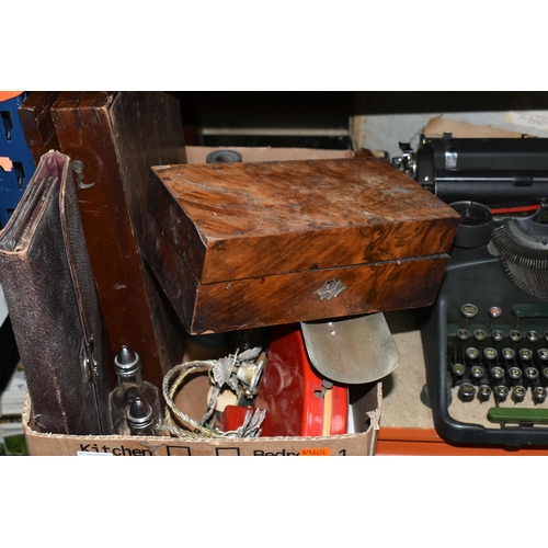 437 - TWO BOXES AND LOOSE TYPEWRITER, SCALES, BELL AND SUNDRY ITEMS, to include a Bar-Lock Model 22 typewr... 