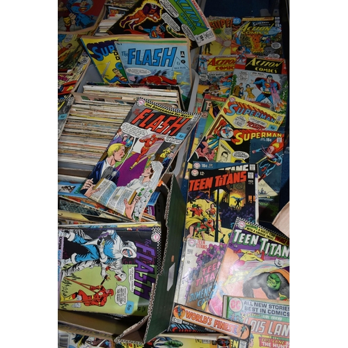 443 - THREE BOXES OF DC AND MARVEL COMICS, mostly DC, but includes The Amazing Spider-Man, X-Men, Iron Man... 