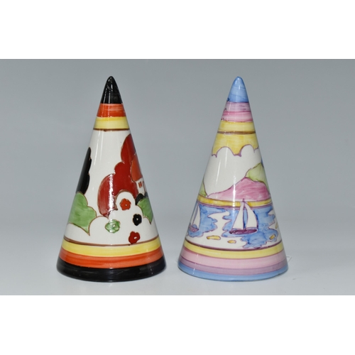 453 - TWO RENE DALE CONICAL SUGAR SIFTERS, one painted with a pastel landscape of sailing boats, the other... 