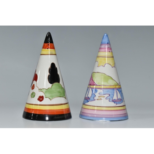 453 - TWO RENE DALE CONICAL SUGAR SIFTERS, one painted with a pastel landscape of sailing boats, the other... 