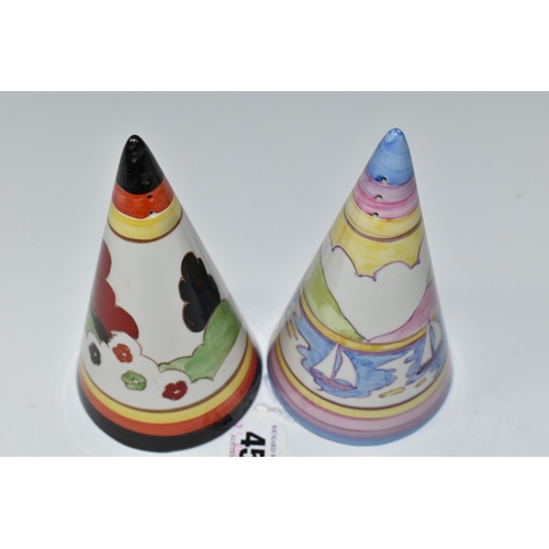 453 - TWO RENE DALE CONICAL SUGAR SIFTERS, one painted with a pastel landscape of sailing boats, the other... 