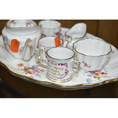 454 - A MINIATURE ROYAL CROWN DERBY 'DERBY POSIES' TEA SET AND SERVING TRAY, comprising an oval serving tr... 