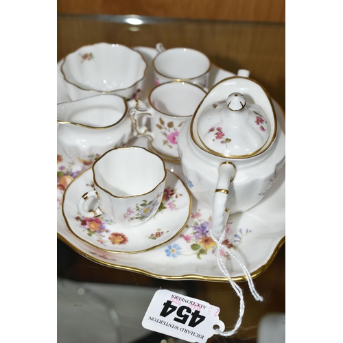 454 - A MINIATURE ROYAL CROWN DERBY 'DERBY POSIES' TEA SET AND SERVING TRAY, comprising an oval serving tr... 