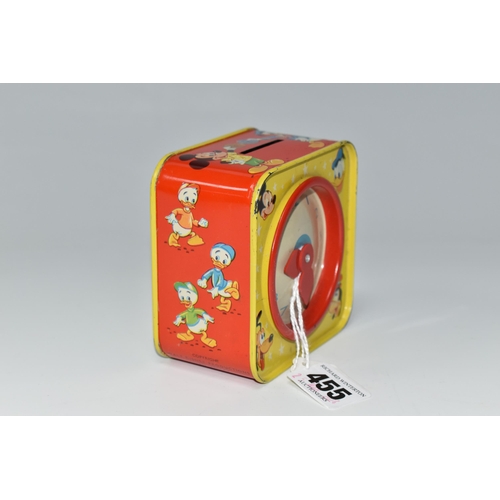 455 - A CHAD VALLEY WALT DISNEY PRODUCTIONS MONEY BOX, the tin with toy clock with movable hands on one si... 