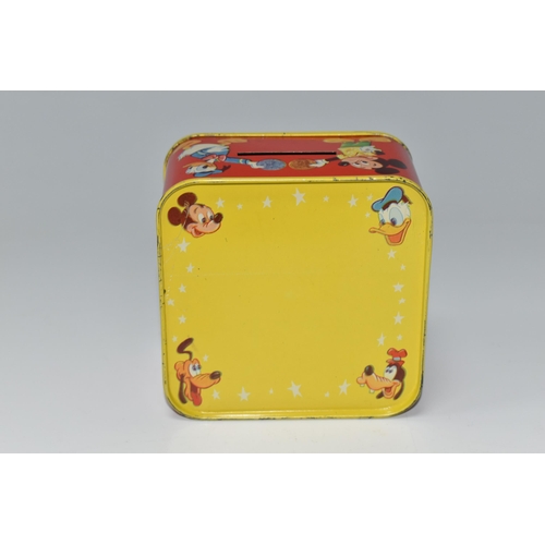 455 - A CHAD VALLEY WALT DISNEY PRODUCTIONS MONEY BOX, the tin with toy clock with movable hands on one si... 