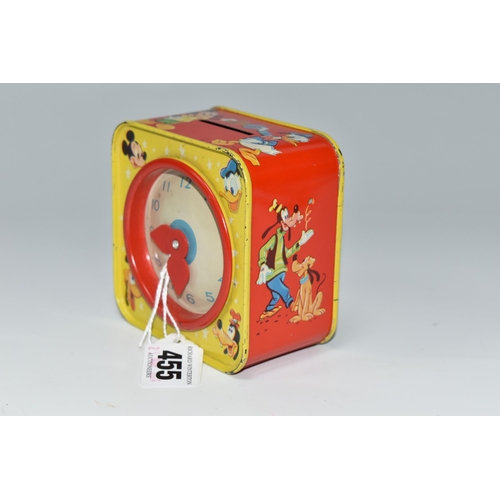 455 - A CHAD VALLEY WALT DISNEY PRODUCTIONS MONEY BOX, the tin with toy clock with movable hands on one si... 