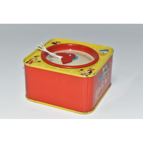 455 - A CHAD VALLEY WALT DISNEY PRODUCTIONS MONEY BOX, the tin with toy clock with movable hands on one si... 