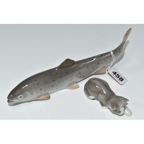 458 - TWO ROYAL COPENHAGEN ANIMAL FIGURES, comprising a trout, model no 2676, length 20.5cm, and a grey an... 