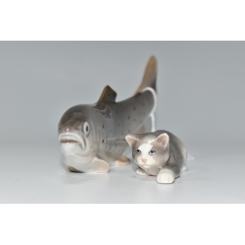 458 - TWO ROYAL COPENHAGEN ANIMAL FIGURES, comprising a trout, model no 2676, length 20.5cm, and a grey an... 