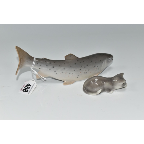 458 - TWO ROYAL COPENHAGEN ANIMAL FIGURES, comprising a trout, model no 2676, length 20.5cm, and a grey an... 