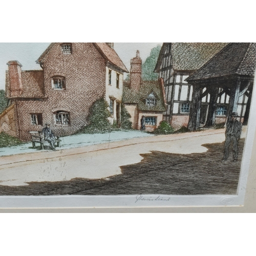 464 - J. LEWIS STANT (1905-1964) 'ABBOTS BROMLEY, STAFFORDSHIRE', an etching with colours depicting a Staf... 