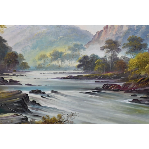 465 - GEORGE WILLIS PRYCE (1866-1949) A RIVER LANDSCAPE, a river flows over rocks to the foreground with h... 