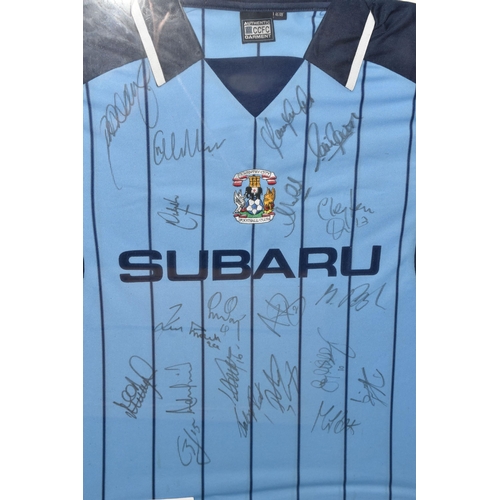 466 - A FRAMED AND GLAZED SIGNED COVENTRY CITY FOOTBALL SHIRT, signed to the front in marker pen by the te... 