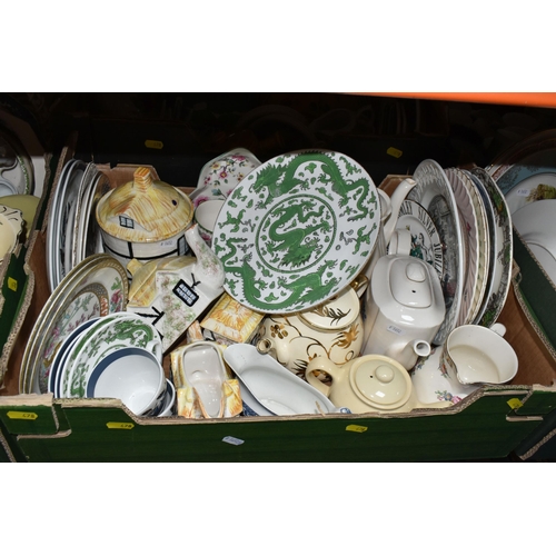 478 - FIVE BOXES OF DINNERWARE, to include two graduated Pyrex 'Autumn Harvest' pattern oven dishes size 2... 