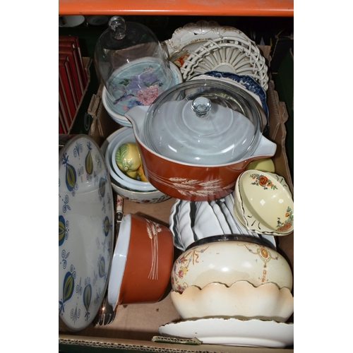 478 - FIVE BOXES OF DINNERWARE, to include two graduated Pyrex 'Autumn Harvest' pattern oven dishes size 2... 