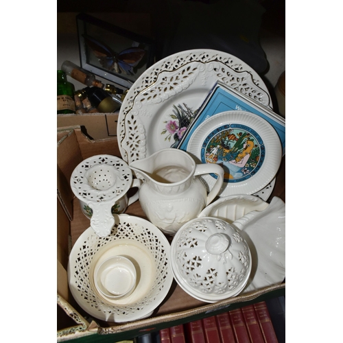 479 - TWO BOXES OF CERAMICS AND GLASS LIGHT SHADES, to include two frosted glass ceiling shades, two gradu... 