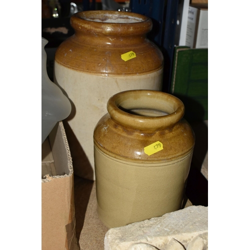 479 - TWO BOXES OF CERAMICS AND GLASS LIGHT SHADES, to include two frosted glass ceiling shades, two gradu... 