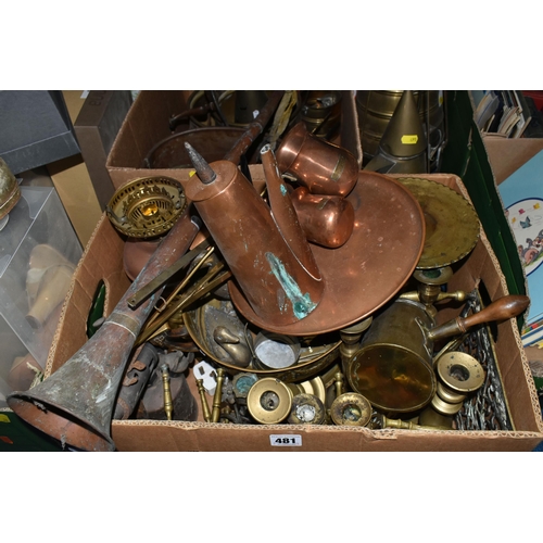 481 - TWO BOXES AND LOOSE METALWARE, to include a copper coffee pot, copper tray, copper and brass spirit ... 