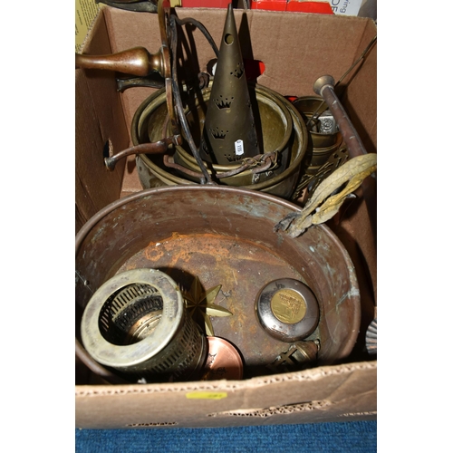 481 - TWO BOXES AND LOOSE METALWARE, to include a copper coffee pot, copper tray, copper and brass spirit ... 