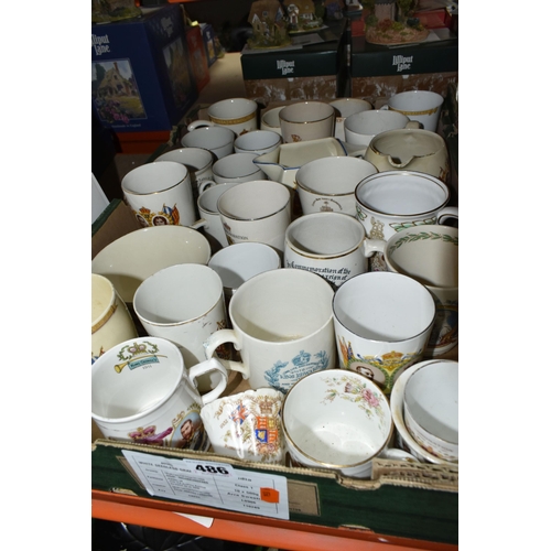 486 - TWO BOXES OF ROYAL COMMEMORATIVE MUGS, to include over fifty assorted beakers, mugs and tea plates, ... 