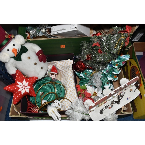 488 - THREE BOXES OF CHRISTMAS DECORATIONS, a collection of mid-century tree baubles to include nine neon ... 