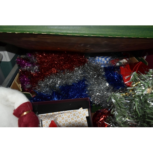 488 - THREE BOXES OF CHRISTMAS DECORATIONS, a collection of mid-century tree baubles to include nine neon ... 