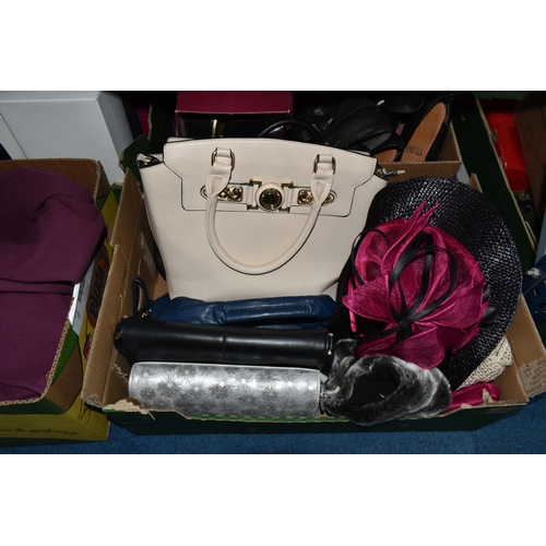 489 - FOUR BOXES OF LADIES' SHOES AND HANDBAGS, to include over fifteen pairs of ladies' shoes, UK size 7,... 