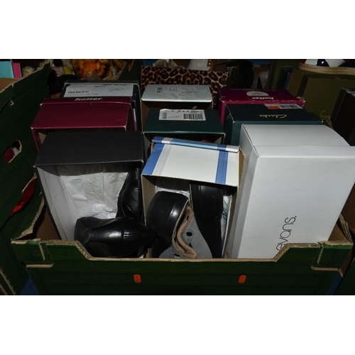 489 - FOUR BOXES OF LADIES' SHOES AND HANDBAGS, to include over fifteen pairs of ladies' shoes, UK size 7,... 