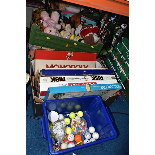 500 - THREE BOXES OF BOARD GAMES AND TOYS, to include a quantity of soft toys, Soccerama, Monopoly, Risk, ... 