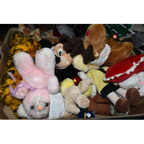 500 - THREE BOXES OF BOARD GAMES AND TOYS, to include a quantity of soft toys, Soccerama, Monopoly, Risk, ... 