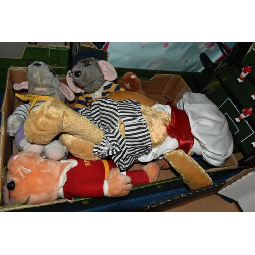 500 - THREE BOXES OF BOARD GAMES AND TOYS, to include a quantity of soft toys, Soccerama, Monopoly, Risk, ... 