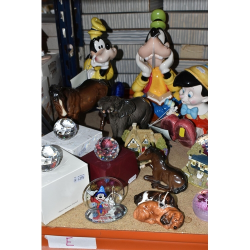 505 - A GROUP OF PAPERWEIGHTS AND ORNAMENTS, comprising three Schmid Disney Music Boxes, a Beswick Mare (F... 