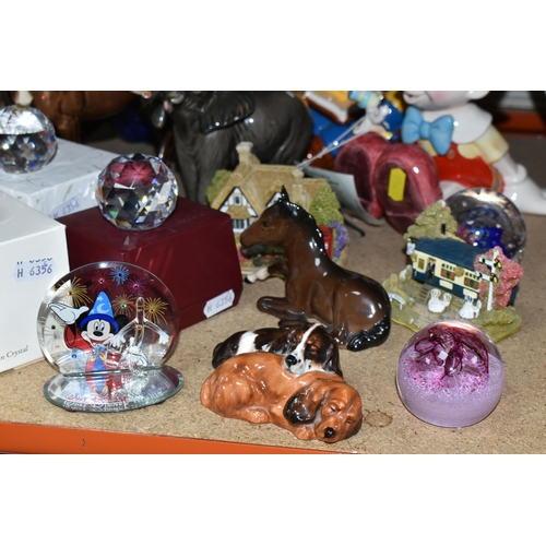 505 - A GROUP OF PAPERWEIGHTS AND ORNAMENTS, comprising three Schmid Disney Music Boxes, a Beswick Mare (F... 