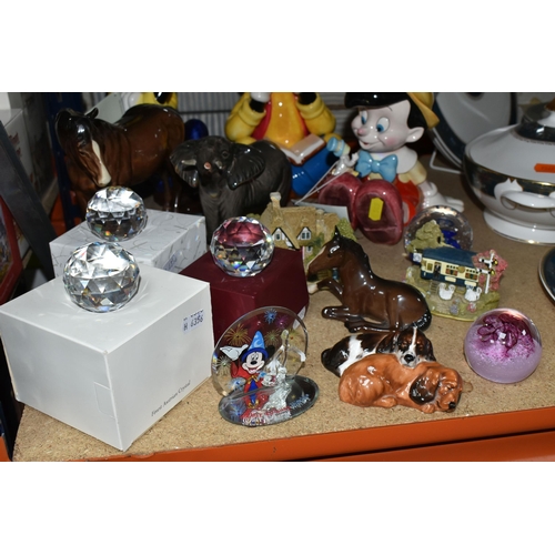 505 - A GROUP OF PAPERWEIGHTS AND ORNAMENTS, comprising three Schmid Disney Music Boxes, a Beswick Mare (F... 