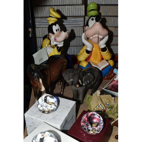 505 - A GROUP OF PAPERWEIGHTS AND ORNAMENTS, comprising three Schmid Disney Music Boxes, a Beswick Mare (F... 